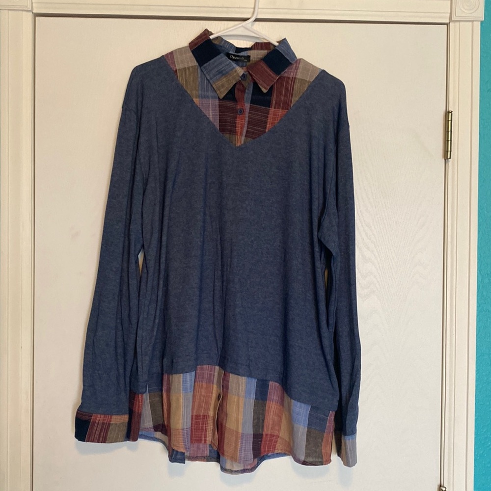 Blouse, Blue/plaid print, size XXL